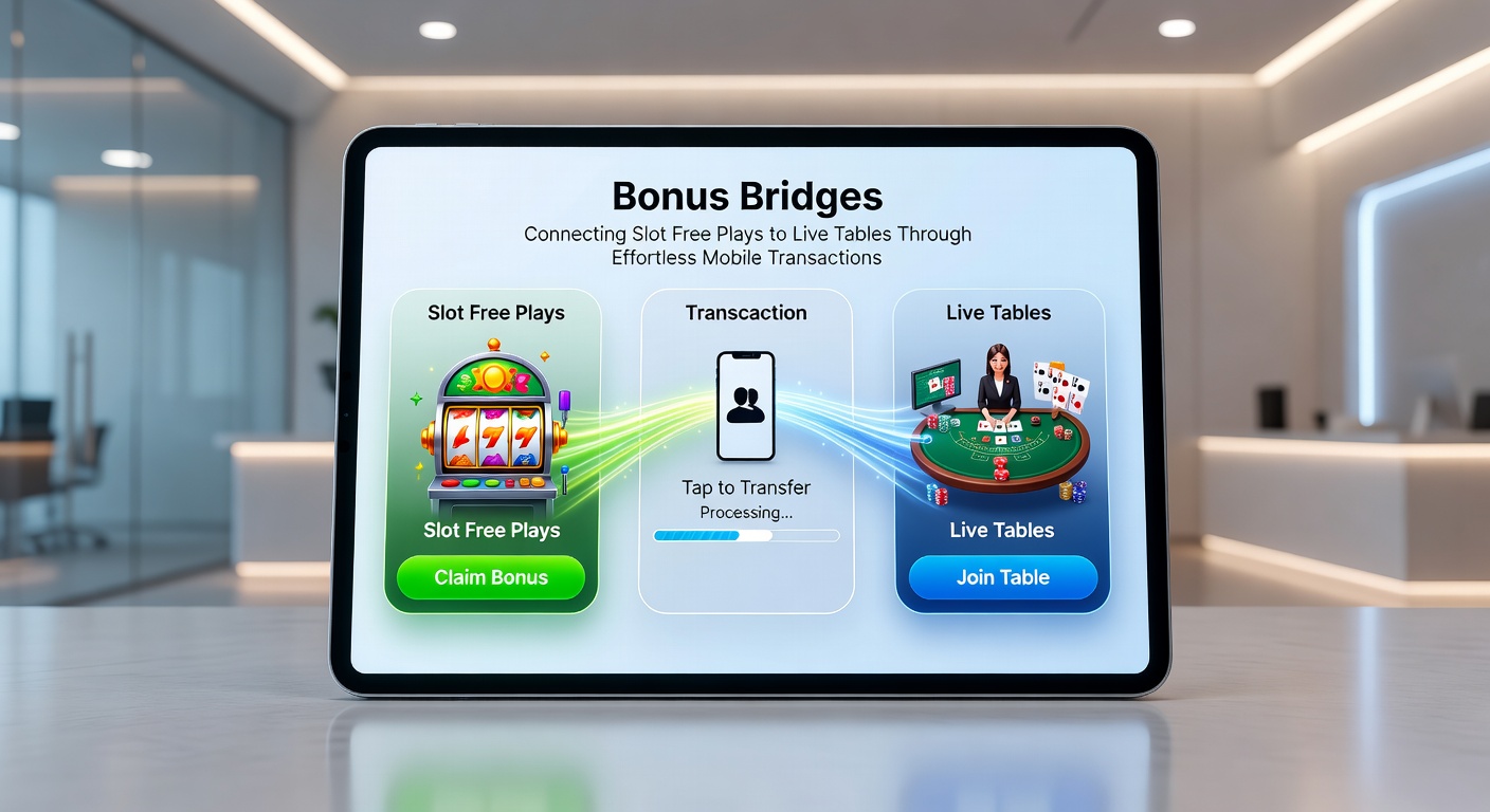 Smartphone screen displaying loyalty tiers with slot credits converting to live table chips via a glowing transaction bridge