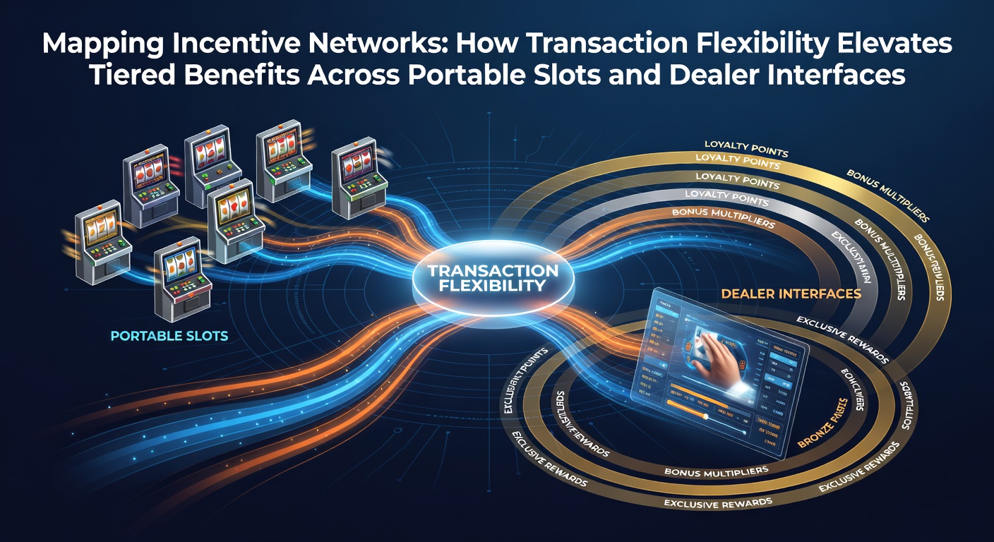 Network diagram showing interconnected portable slot machines and live dealer interfaces with flowing transaction pathways and tiered loyalty indicators