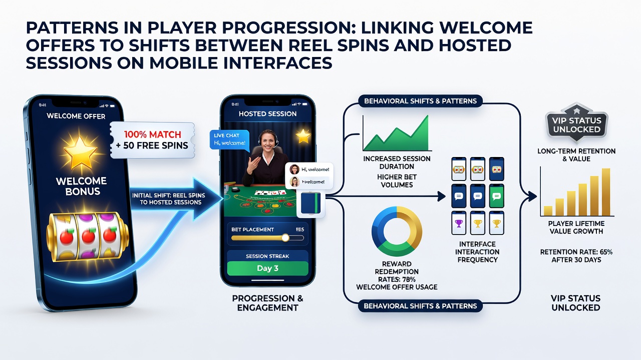 Mobile casino interface showing welcome bonus activation on reel spins transitioning to live hosted sessions