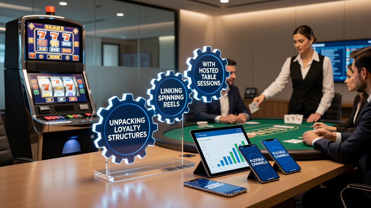Mobile device showing integrated slot reels and live table games with loyalty progress indicators